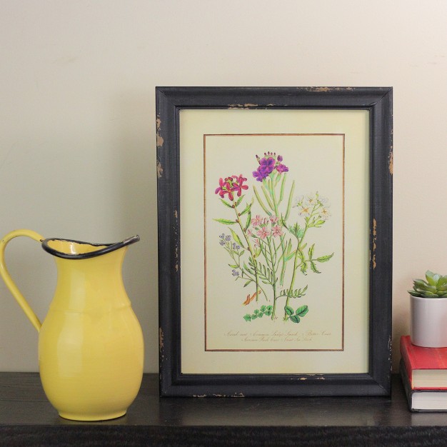 Black And Butter Yellow Distressed Wood Framed Floral Print Wall Art