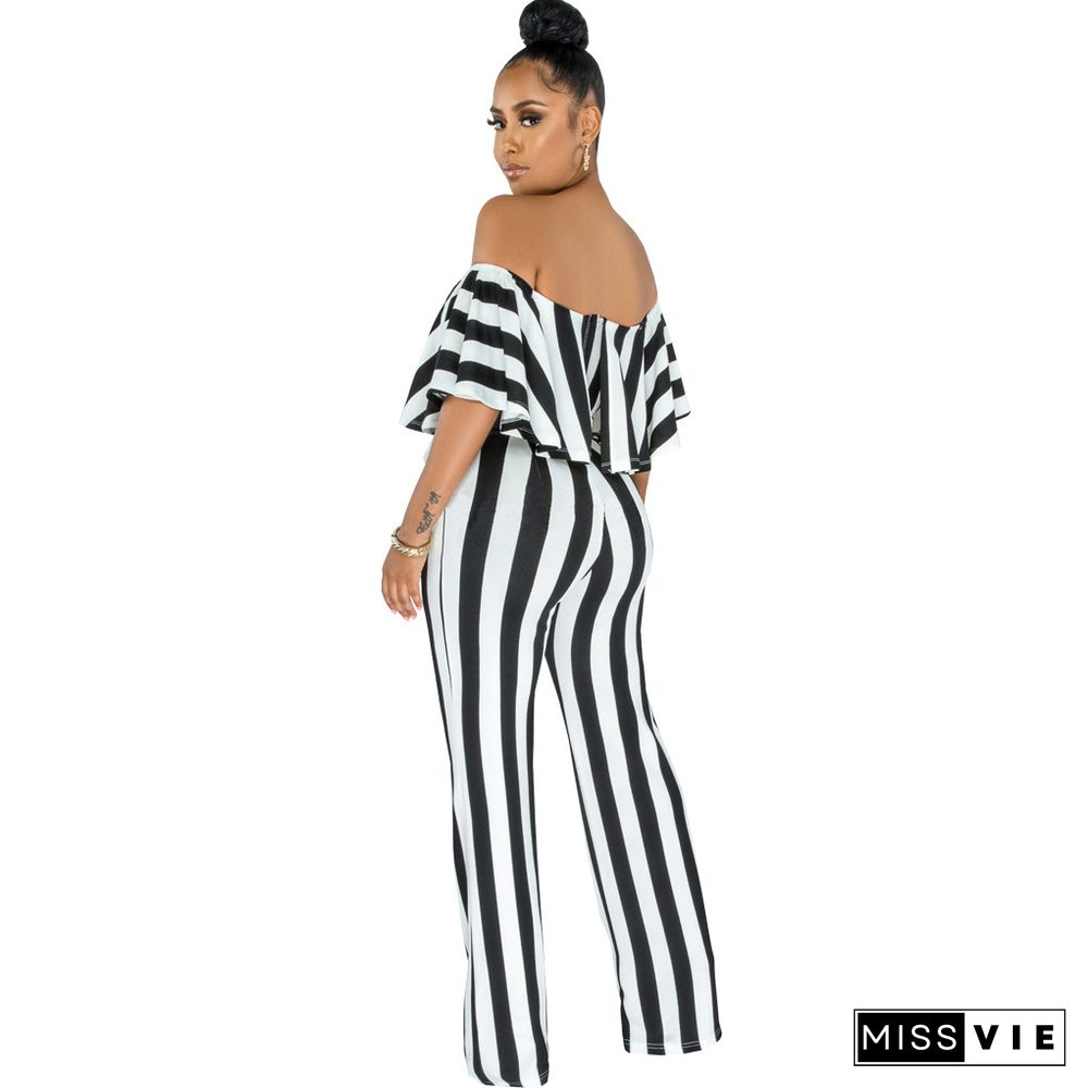 Striped Off Shoulder Wide Leg Jumpsuits