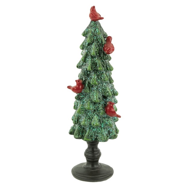 Green Glittered Christmas Tree With Red Cardinals Decoration