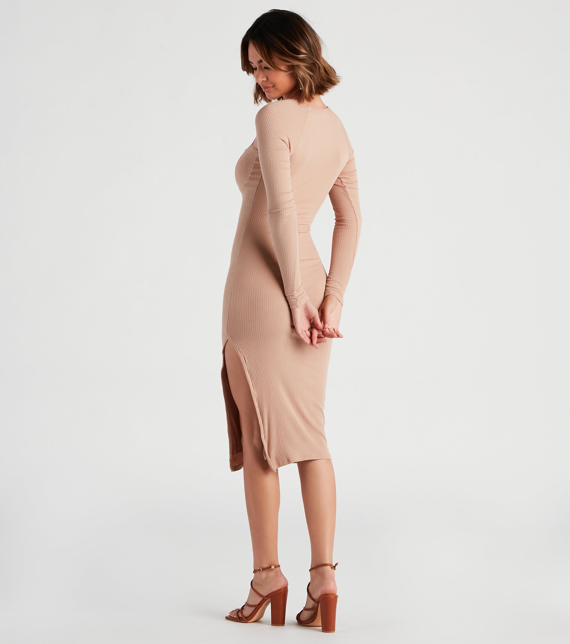 In The Midi Long Sleeve Slit Dress