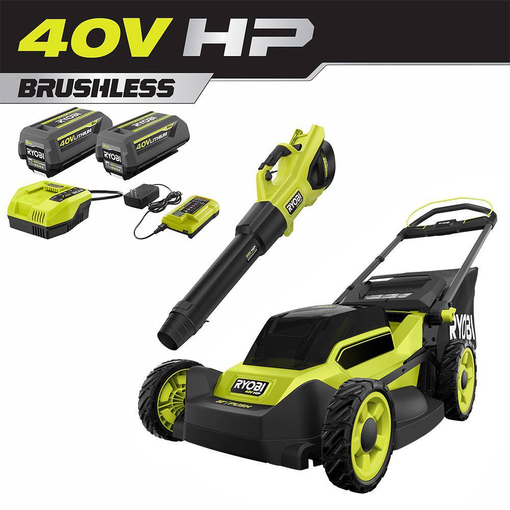 RYOBI 40V HP Brushless 20 in. Cordless Battery Walk Behind Push Mower  Blower with (2) Batteries and Charger RY401170-2X