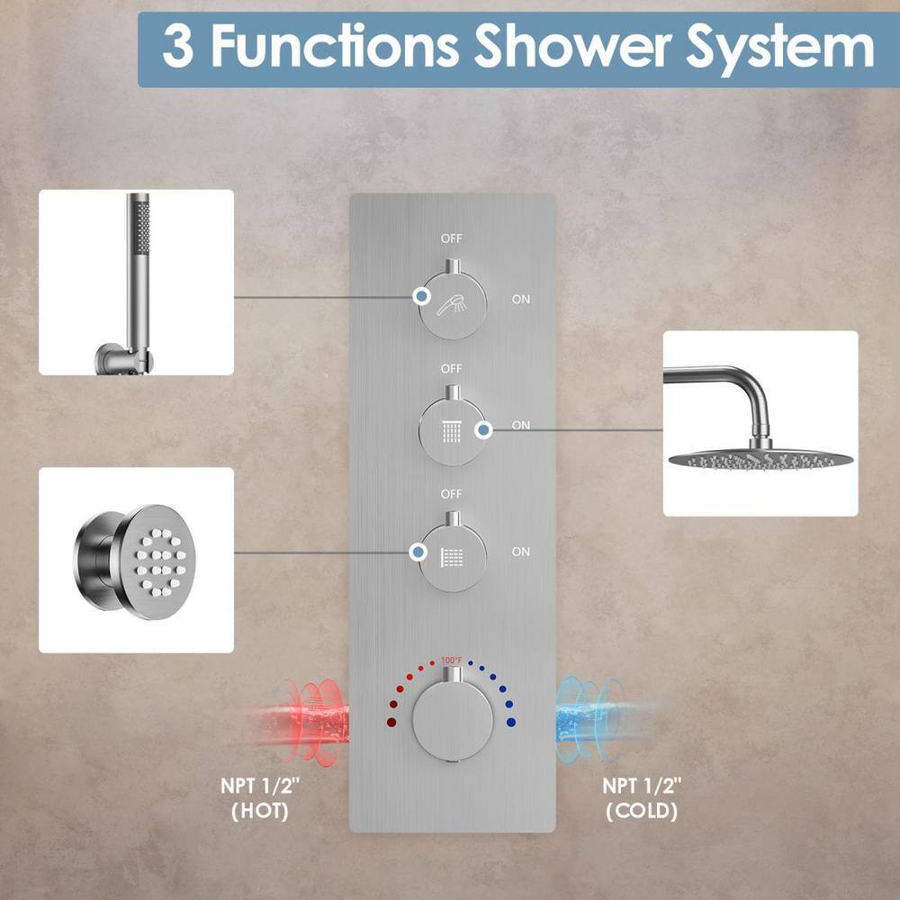 GRANDJOY Luxury Thermostatic 7-Spray Wall Mount 12 in. Fixed and Handheld Shower Head 2.5 GPM in Brushed Nickel 125 SRM6379NI-12BL