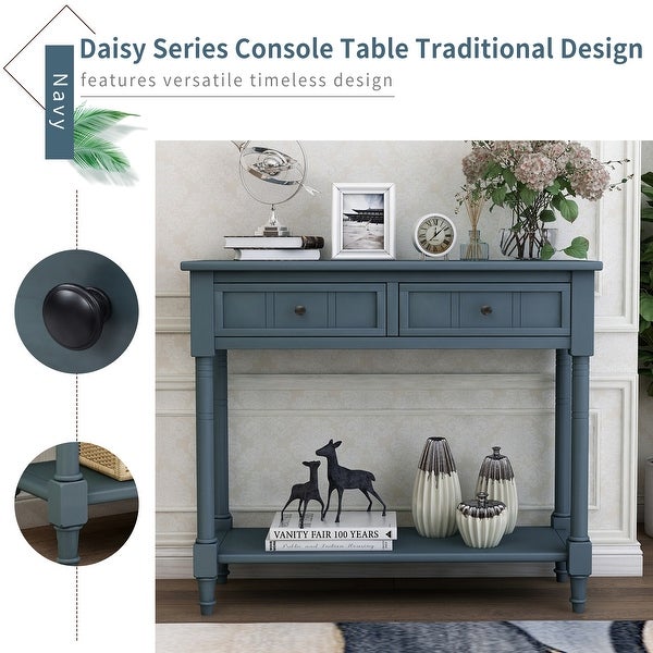 Console Table with 2 Drawers and Bottom Shelf Acacia Mangiu， Navy