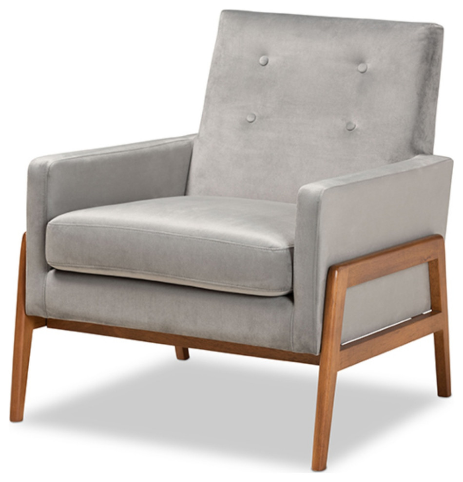 Perris Gray Velvet Fabric Upholstered and Walnut Brown Wood Lounge Chair   Midcentury   Armchairs And Accent Chairs   by GwG Outlet  Houzz