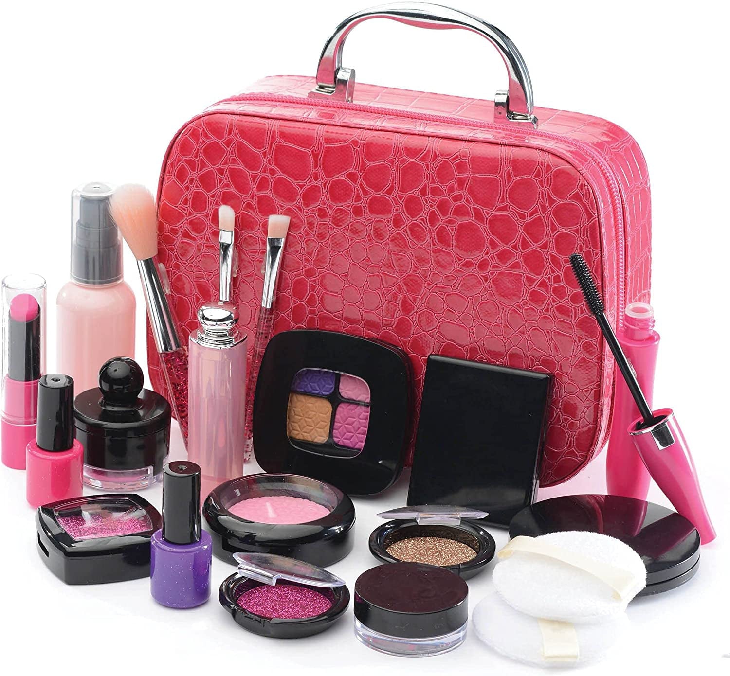 Prextex Girls Pretend Makeup Play Set with Pink Leather Cosmetic Case |  21 Pcs Pretend Play Cosmetic Beauty Makeup Set