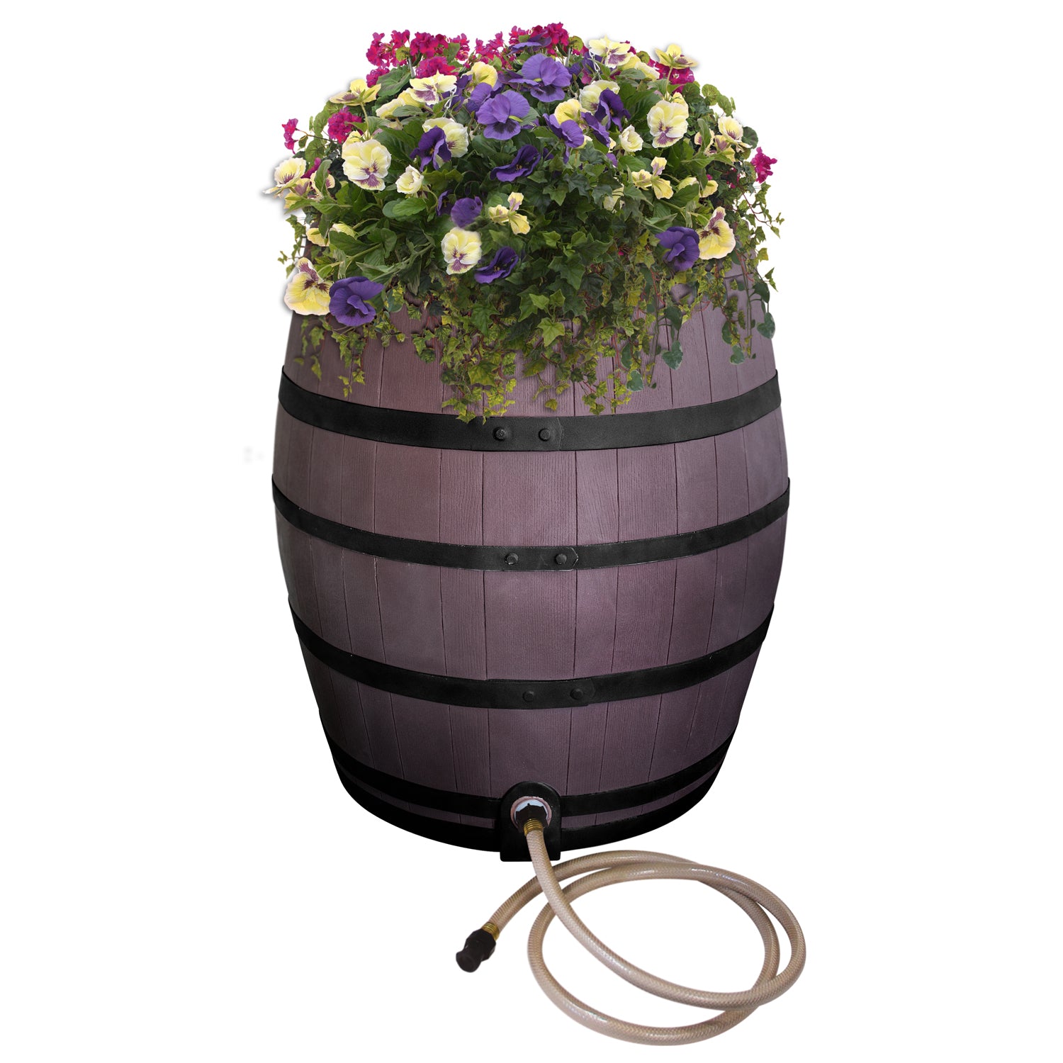 Rescue 50-Gallon Whiskey Rain Barrel with Black Bands ? Includes Planter， Rain Water Diverter， Outlet Hose ? Flatback Design ? Brown