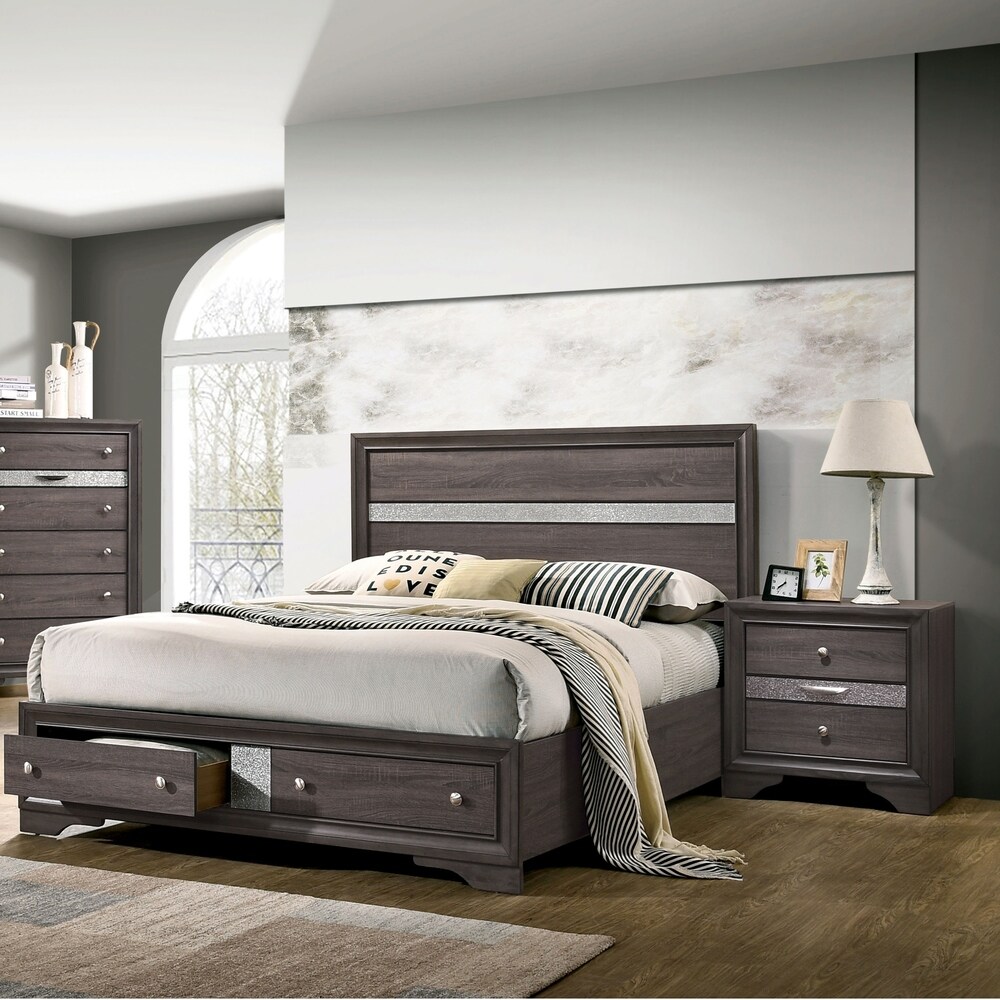 Bara Contemporary Grey Solid Wood Storage 3 Piece Platform Bedroom Set by Silver Orchid