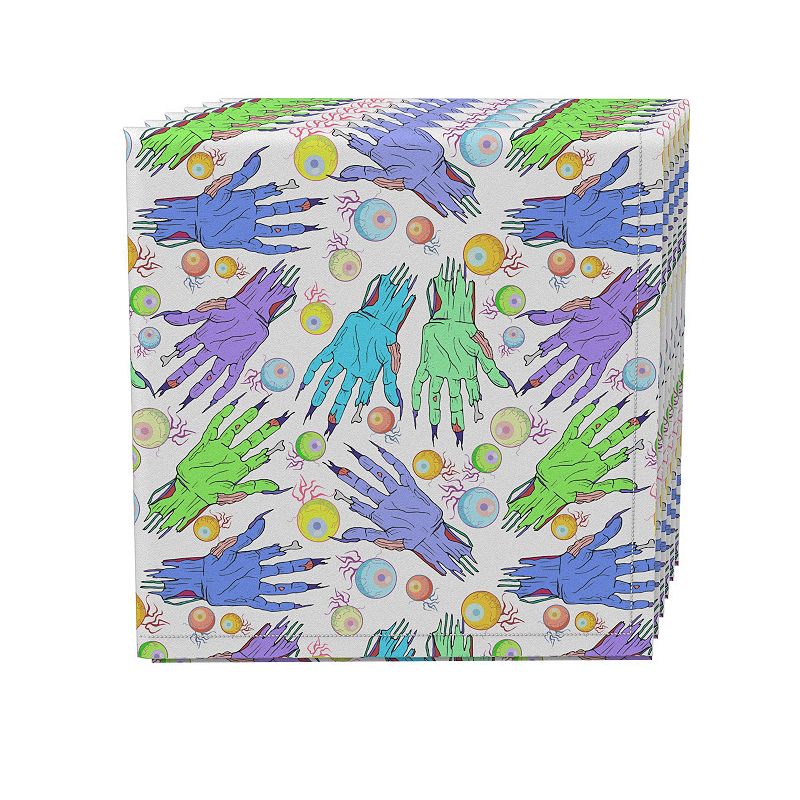 Napkin Set， 100% Polyester， Set of 4， 18x18， Zombie Hands and Eyes