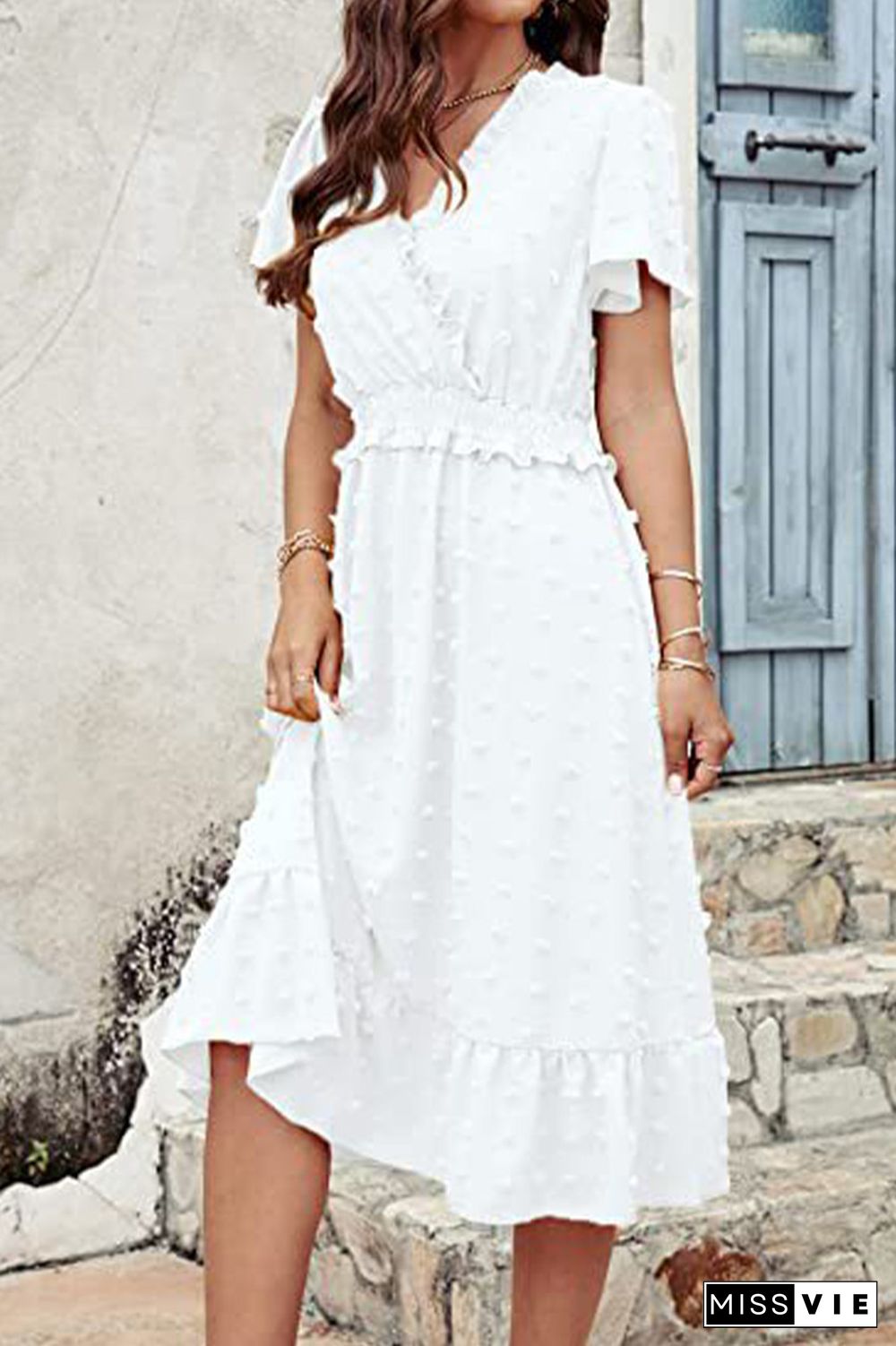 Plain Jacquard Spot V Neck Frilled Midi Dress