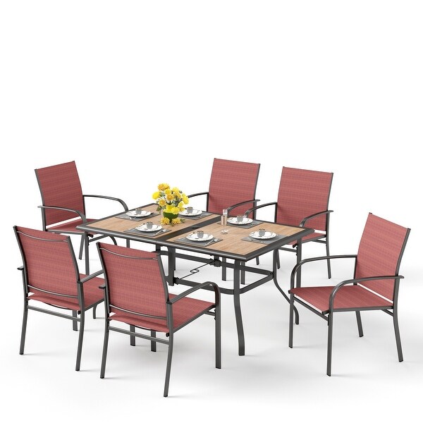 MAISON ARTS 7Piece Patio Dining Set Woodlook Rectangle Table and 6 Textilene Chairs