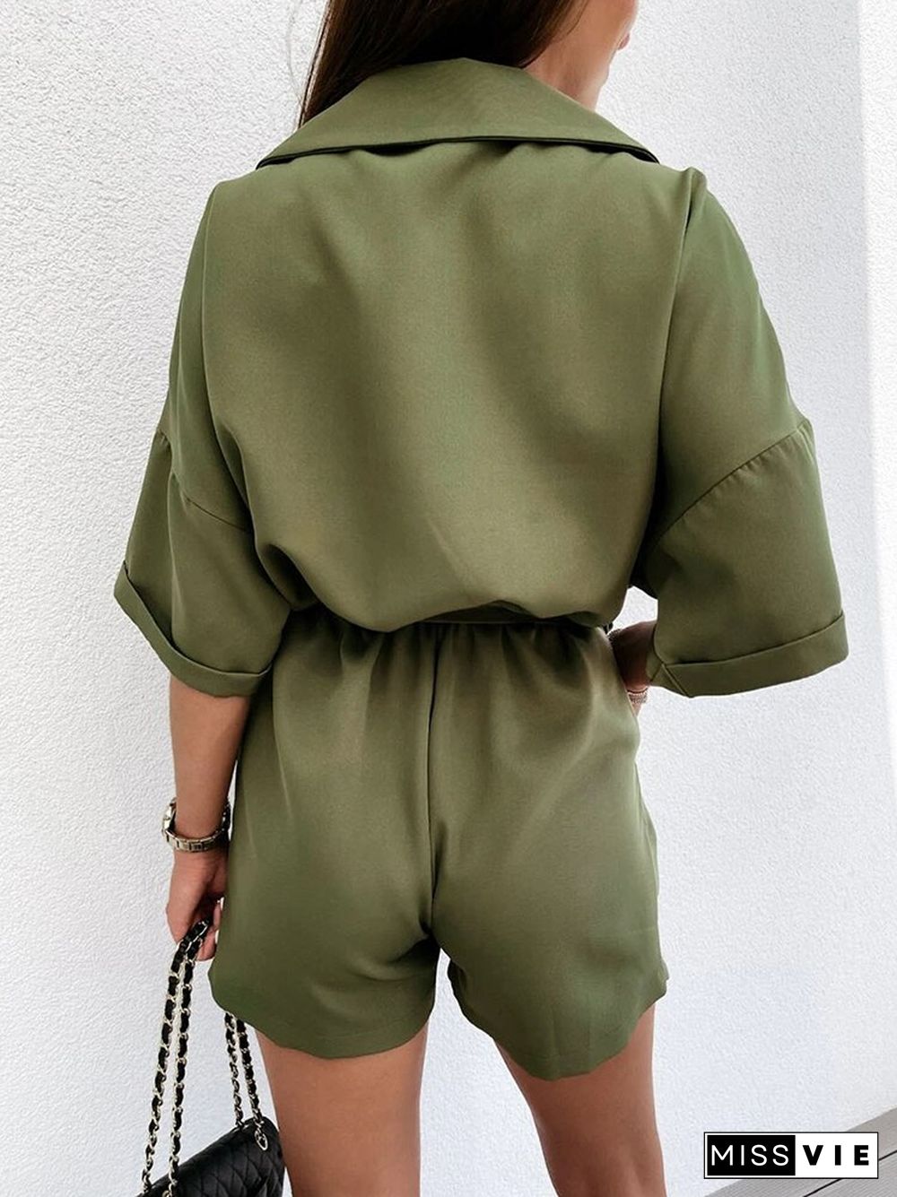 Women Summer Fashion Chic Jumpsuits Office Commute Casual Solid Lace-Up Playsuits Female Elegant V-Lapel Pockets Short Rompers