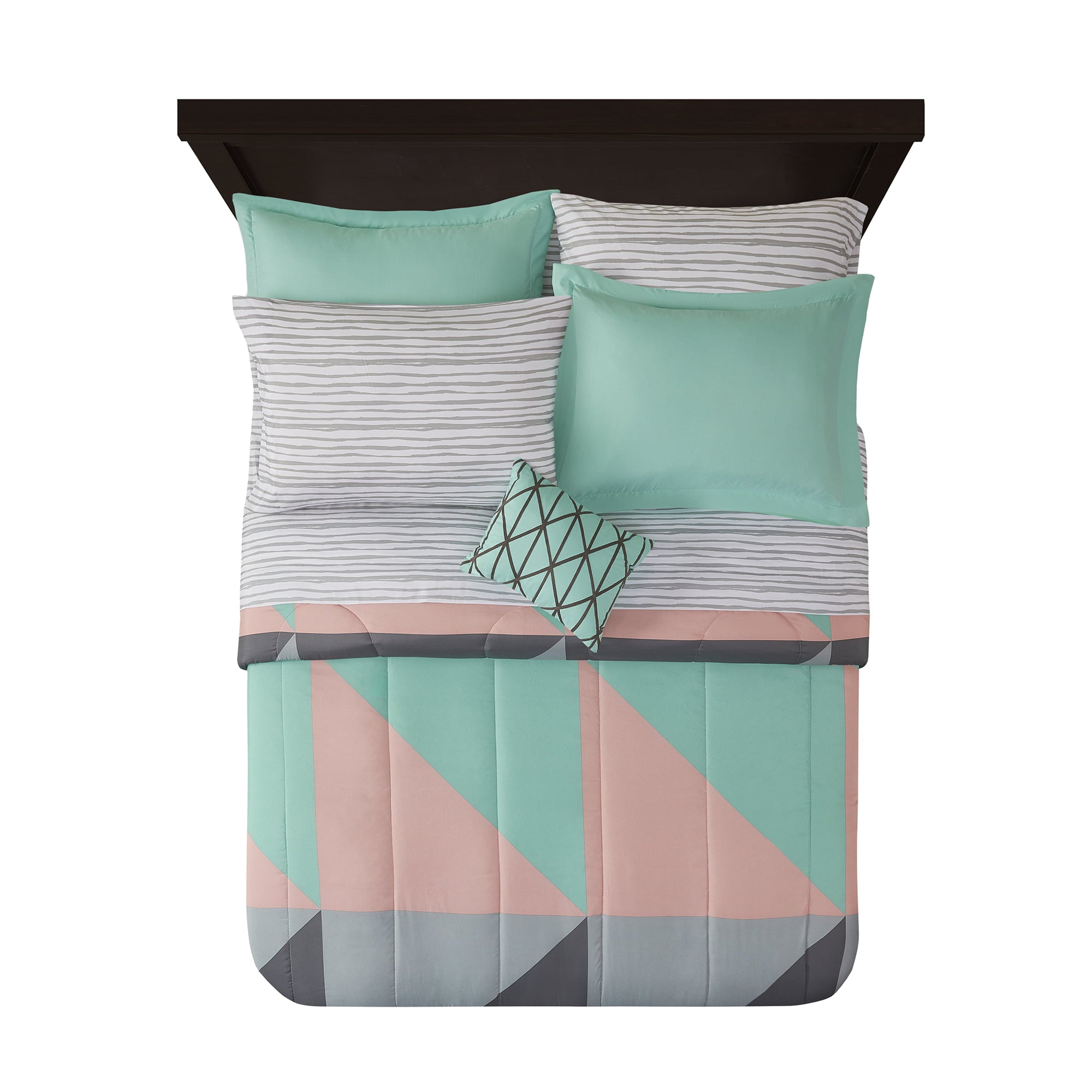 Mainstays Gray and Teal Geometric 6 Piece Bed in a Bag With Sheets， Twin/Twin XL