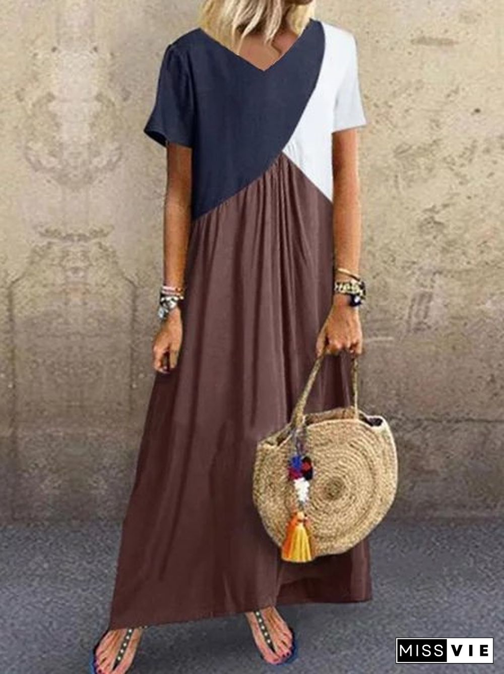 Women Casual Solid Color Cotton V Neck Plus Size Maxi Dresses