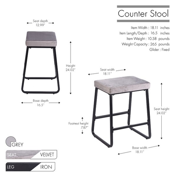 Porthos Home Sato Counter Stools Set of 2， Velvet Upholstery， Iron Legs