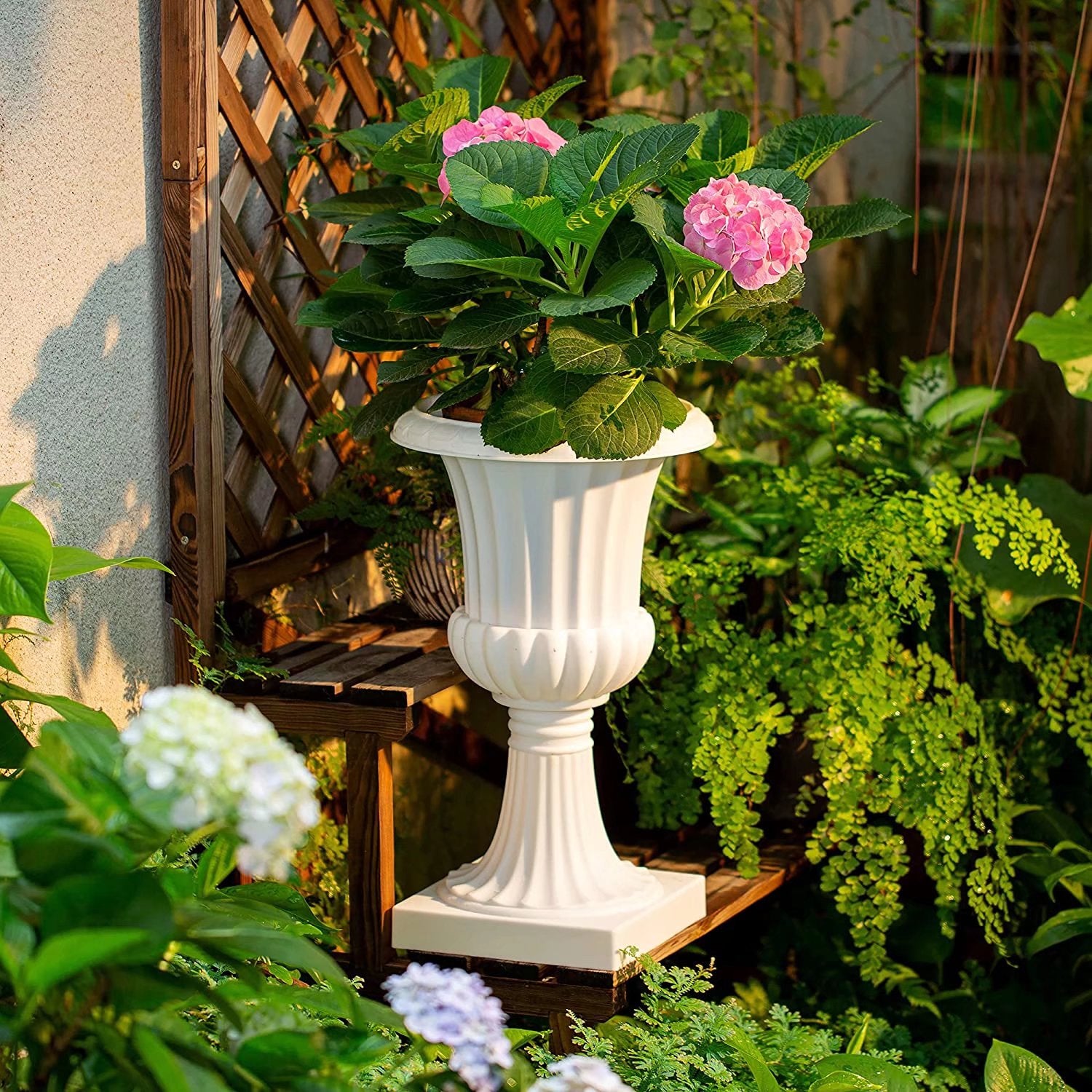 Urn Planter for Outdoor Plants 19.7 inch Tall White Plastic Garden Plant Pot 2 Pack