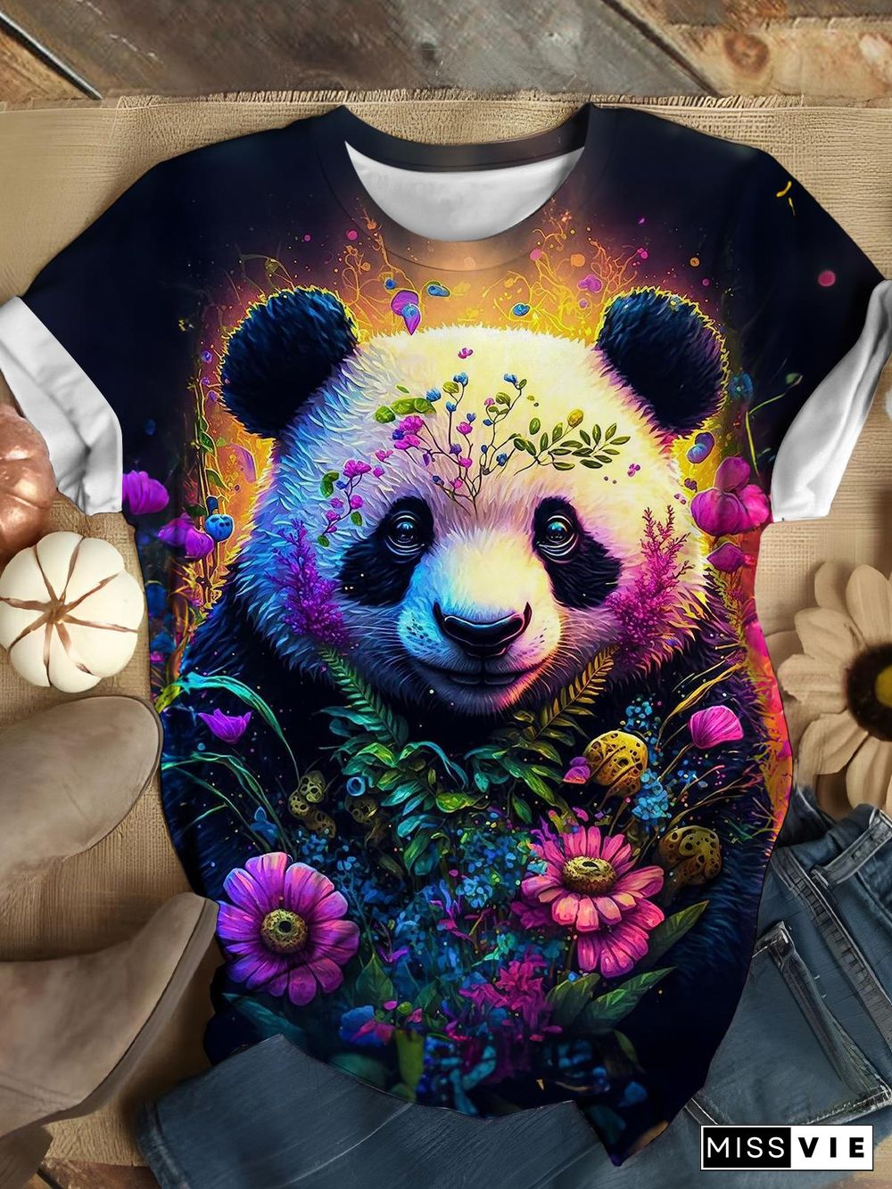 Flower Panda Print Casual T-shirt