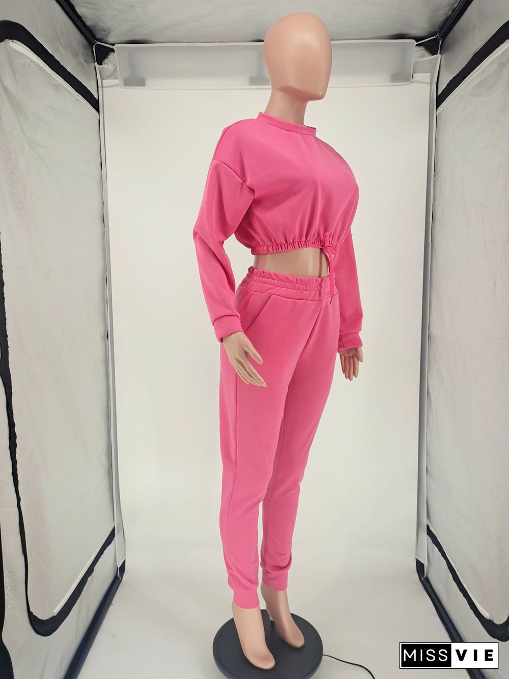 Solid Long Sleeve Crop Tops Joggers Pants Suit