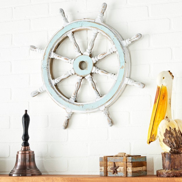 Wood Sail Boat Ship Wheel Wall Decor With Distressing Blue Olivia amp May