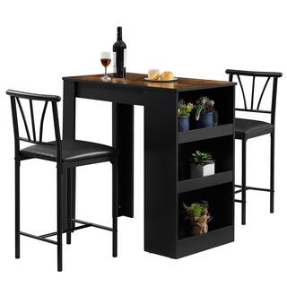 VECELO Small Bar Table and Chairs Dining Set for 2 Storage Shelves Space-Saving Retro Dinning Set KHD-DTS02-BRN