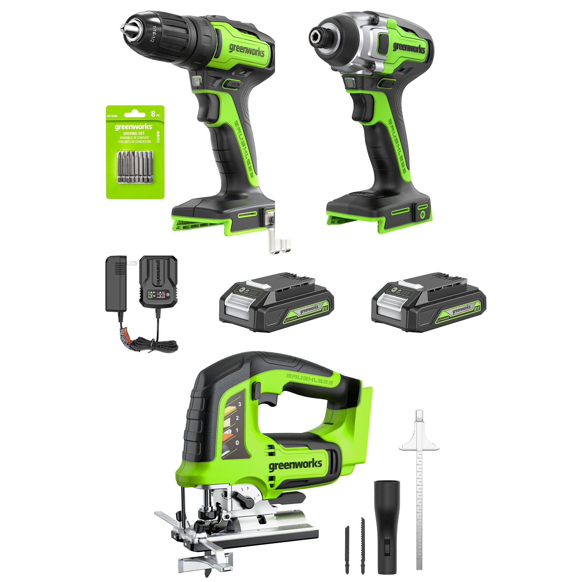 24V Brushless Drill， Impact Driver  Jig Saw Combo Kit  Tool Bag | Greenworks Tools