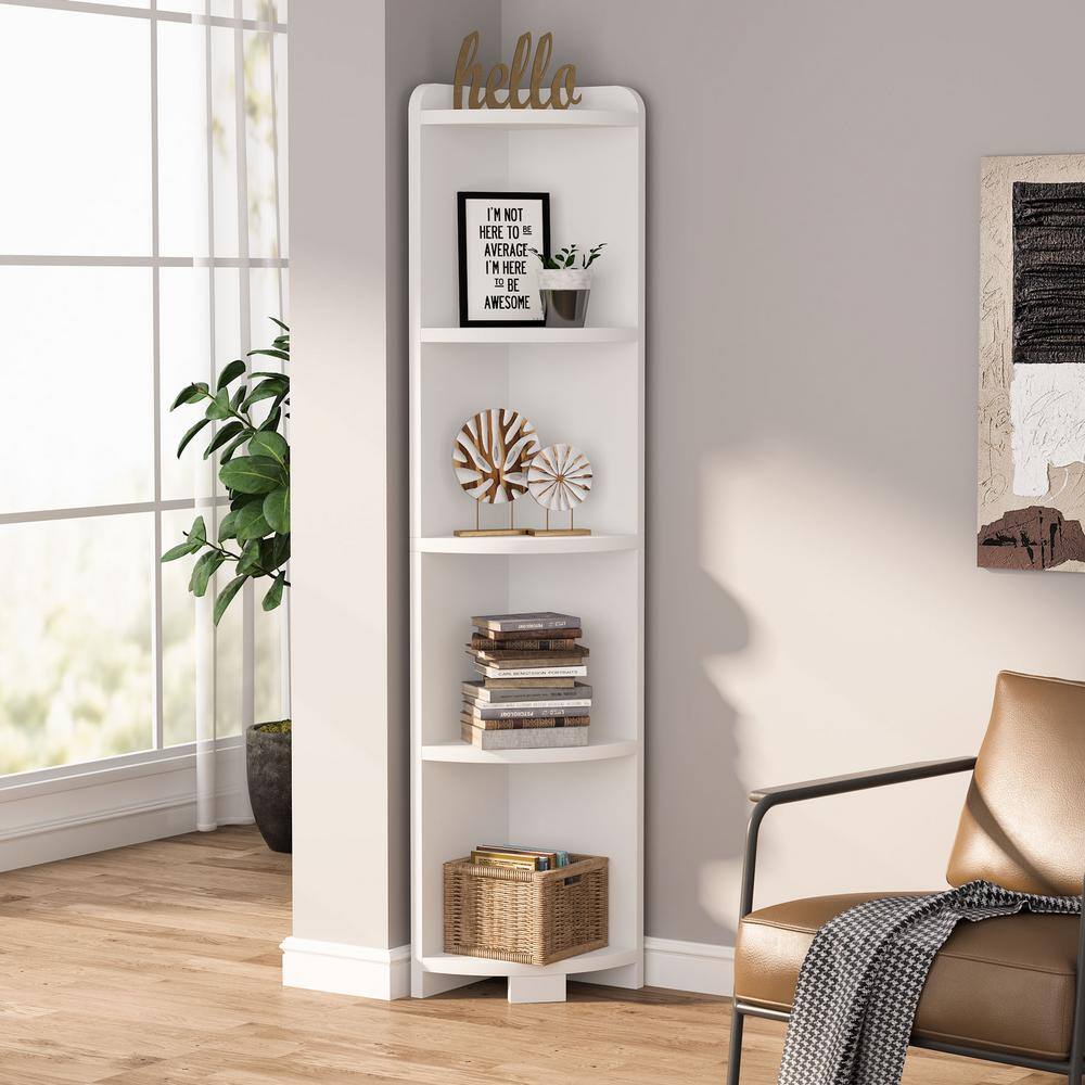 Tribesigns Charles 63in. White Wood Corner Shelf 5 Tier Wood Wall Corner Bookshelf Stand Ladder Bookcase for Home CT-XK00047