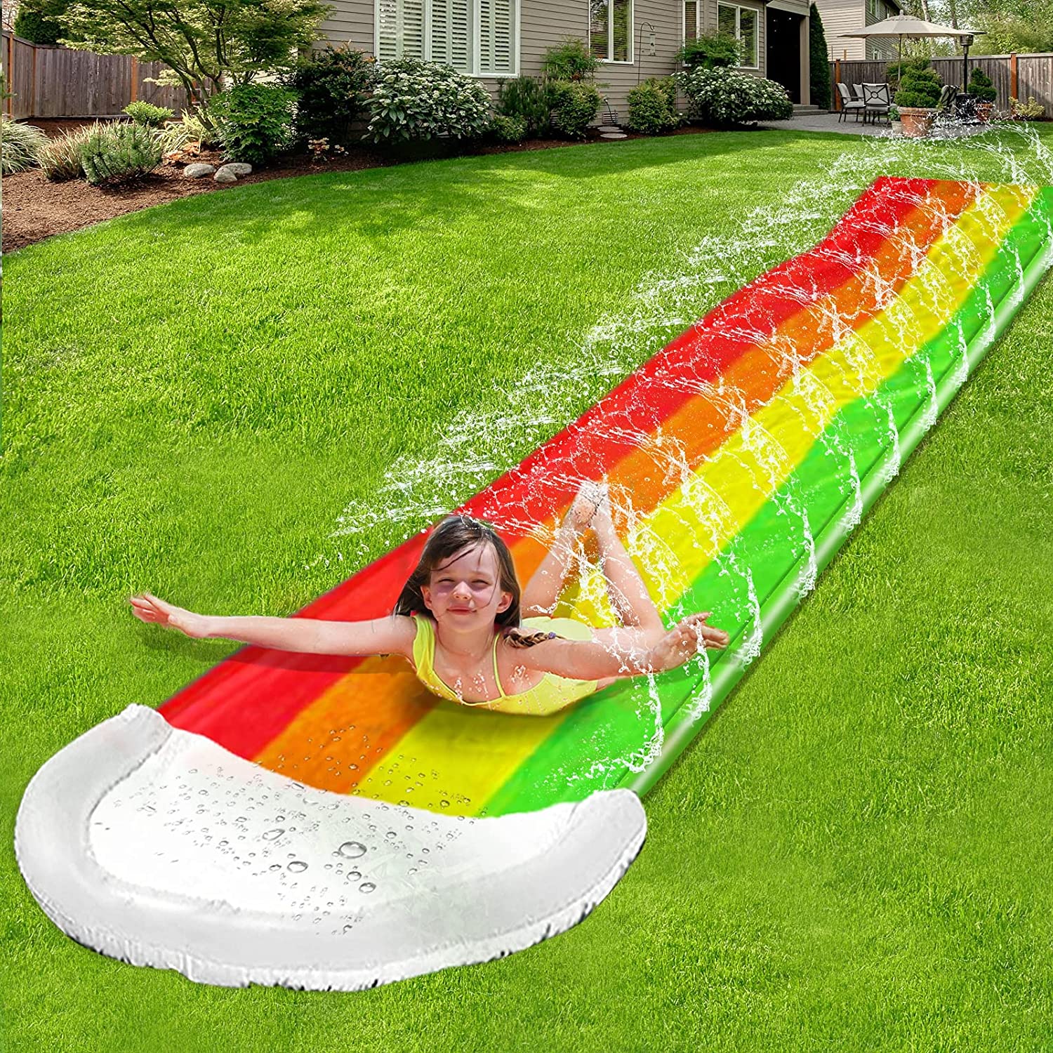 14Ft Lawn Water Slide Rainbow Silp Slide with Spraying and Inflatable Crash Pad for Children Play Center Pool Games Outdoor Pool Party Gifts for Boys Girls Sprinkler Water Toys