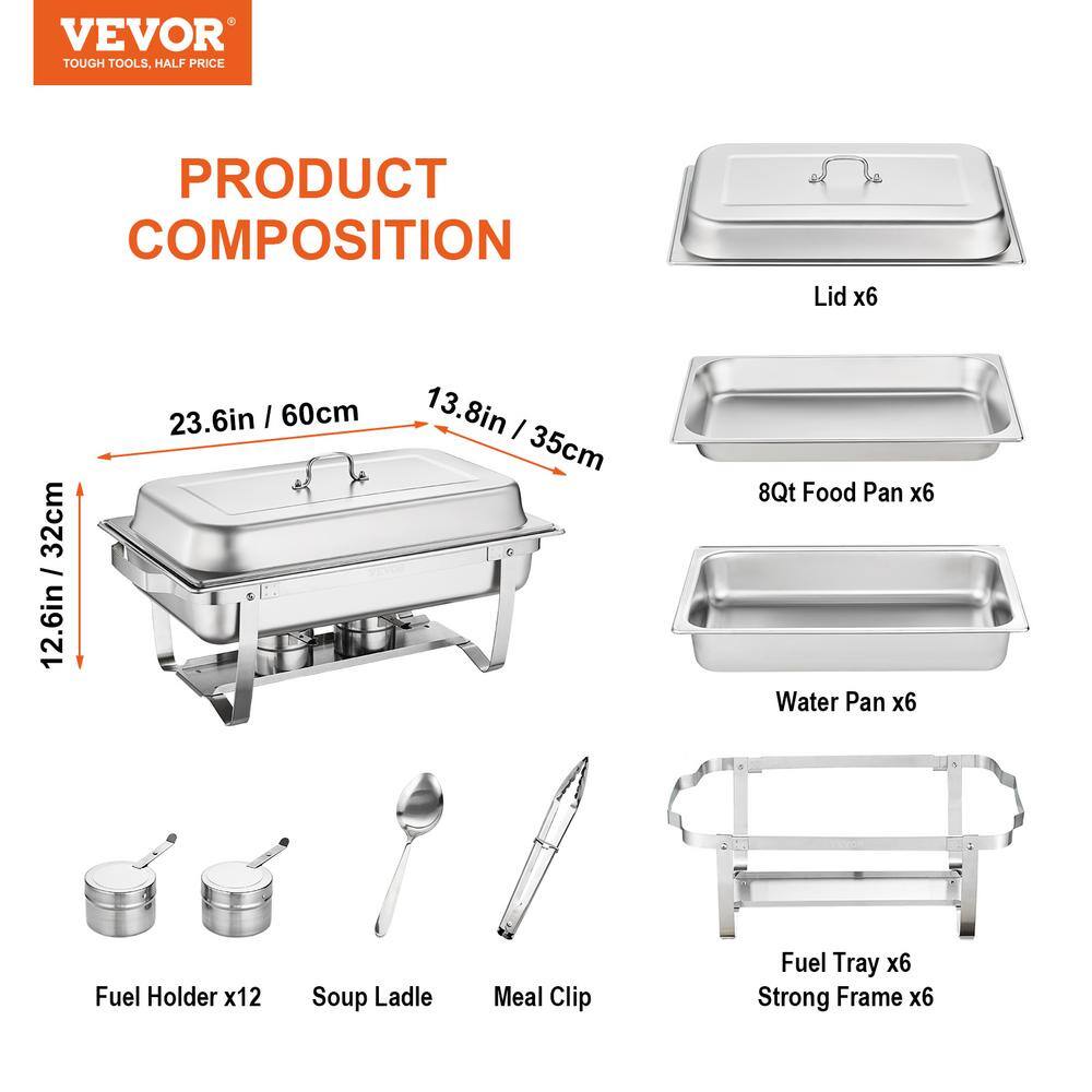 VEVOR Chafing Dish Buffet Set 8-qt. Stainless Chafer 6 Pack Rectangle Catering Warmer Server with 6 Full Size Pans ZFXKCLJTZ68QTMJAWV0