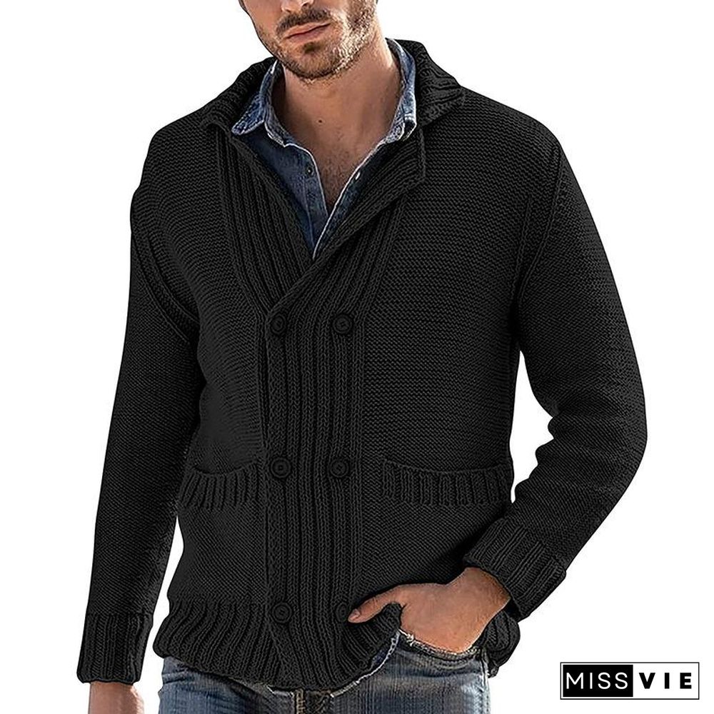 Cardigan Men's Fashion Solid Color Lapel Long Sleeve Knitted Coat