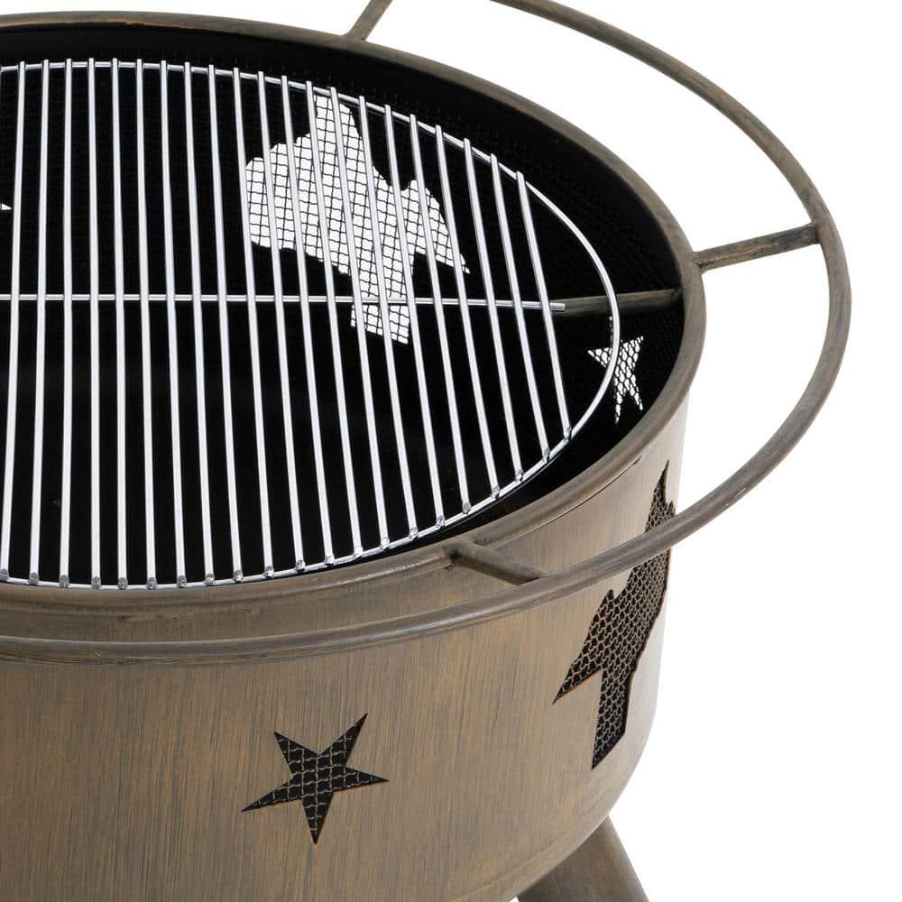 Nuu Garden 30 in Steel Round Fire Pit with PokerCoverCooking Grate in Camping Brown