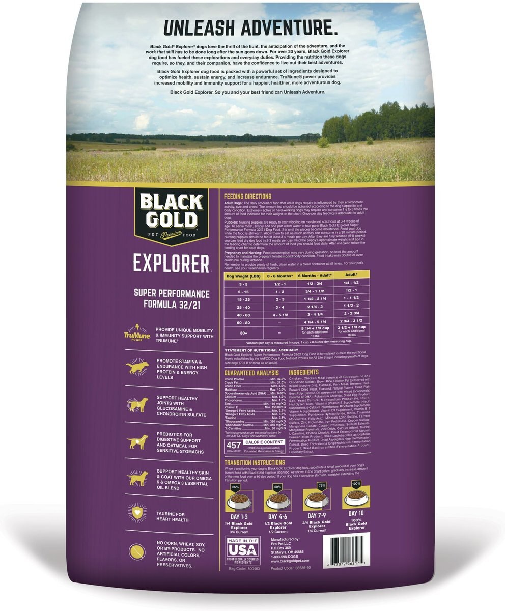 Black Gold Explorer Super Performance Formula 32/21 Dry Dog Food， 40-lb bag