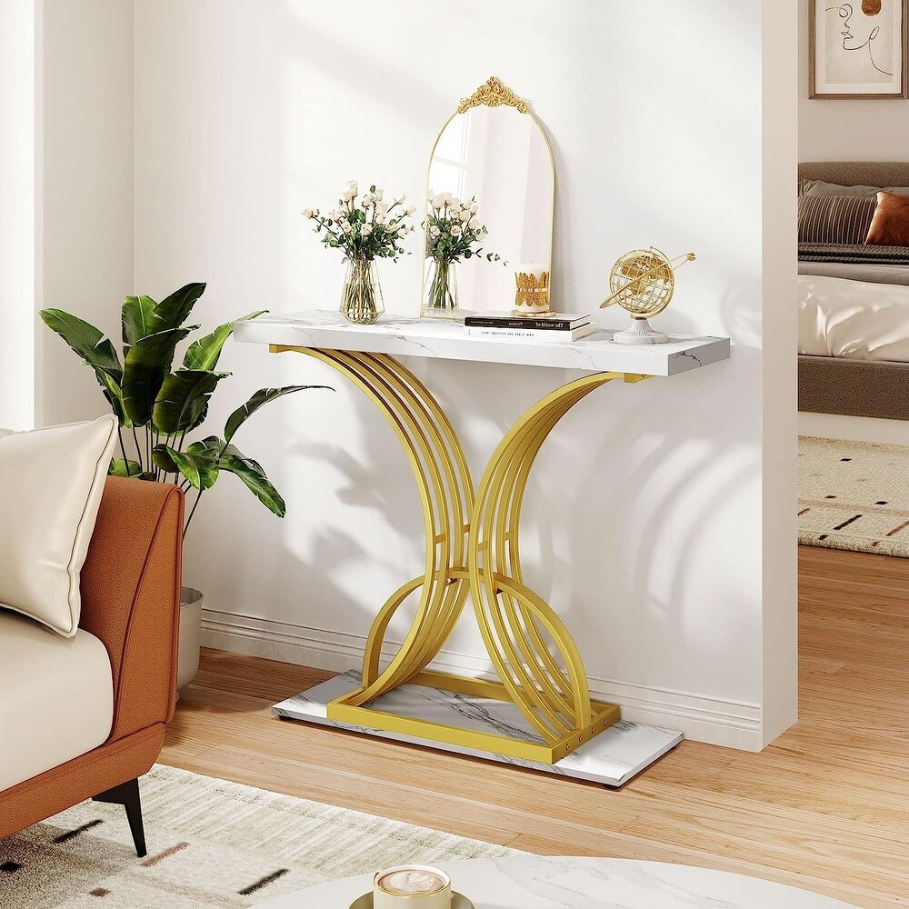 Modern Gold Console Sofa Table with Marbling Top for Entryway Hallway