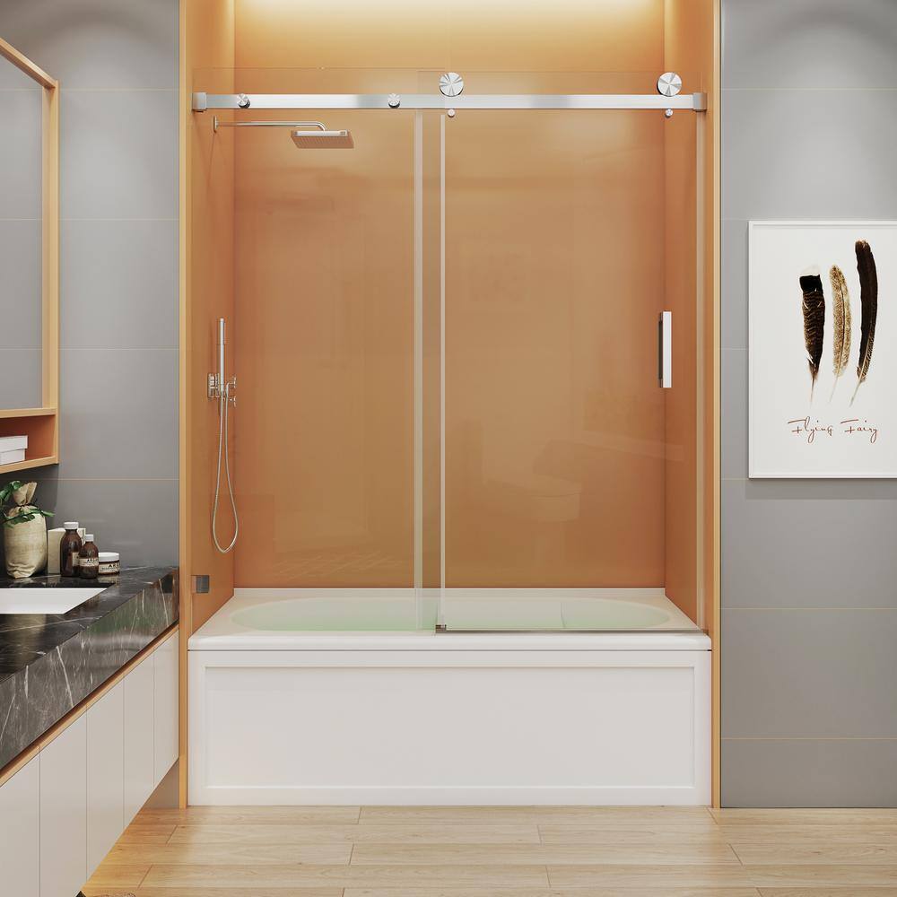 MCOCOD 60 in. W x 66 in. H Single Sliding Frameless Reversible Tub Door in Brushed Nickel with 38 in. (10 mm) Clear Glass SS05-60x66-BR