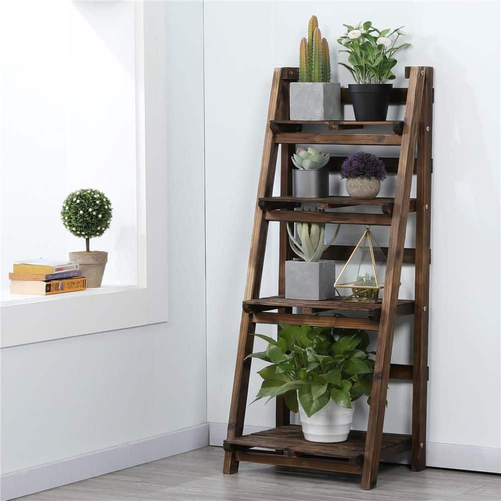 Yaheetech 42.5 in. H Foldable Wooden Flower Stand Shelf Ladder Stand， Indoor/Outdoor (4-Tier) DYamks0001