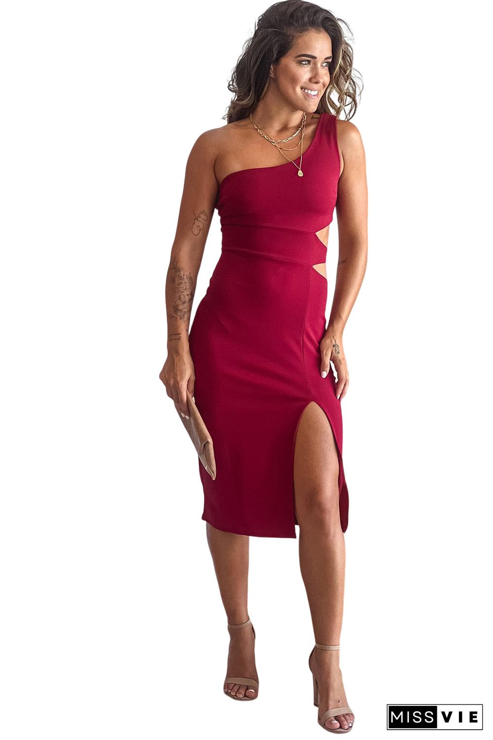 Red Asymmetric Cutout One Shoulder Bodycon Dress with Slit