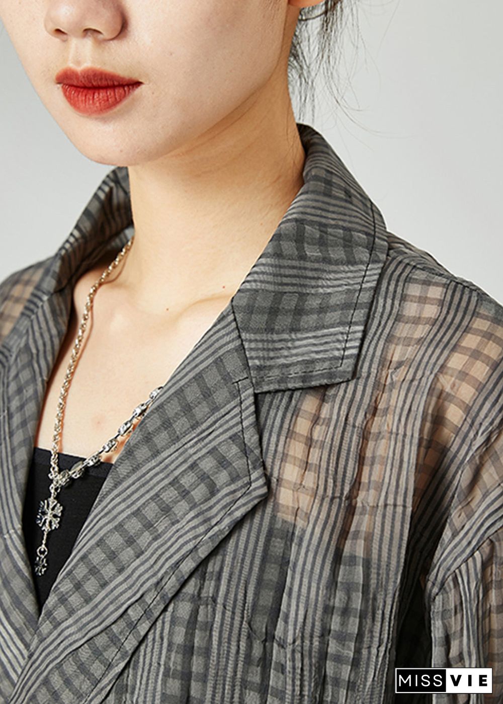 Organic Dark Grey Oversized Striped Wrinkled Linen Shirt Tops Spring