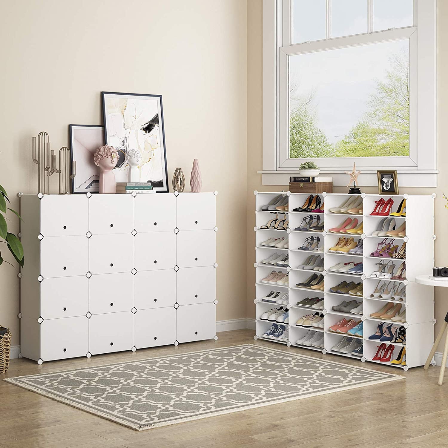 Portable Shoe Rack Organizer 8-Tier Portable 64 Pair Shoe Rack Organizer 32 Grids Tower Shelf Storage Cabinet Stand Expandable for Heels， Boots， Slippers， White