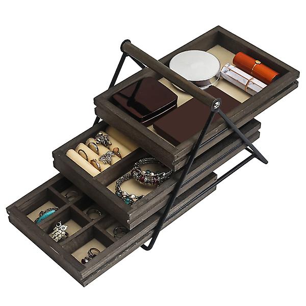 Three Layer Jewelry Tray With Metal Frame And Handle For Easy Storage And Access - Walnut 55457