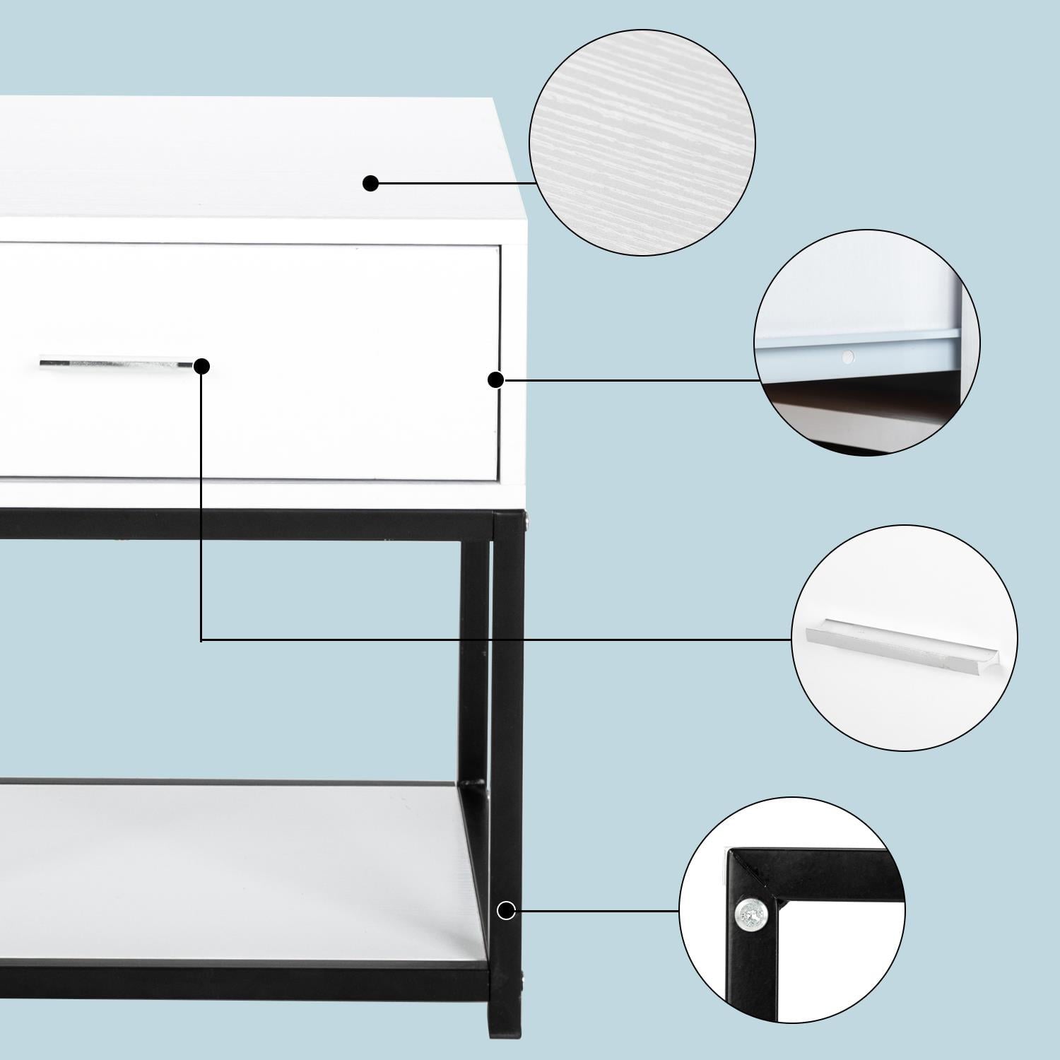 Ktaxon 2-Tier Modern Nightstand End Table with Drawer Sofa Side Table Metal Frame Bedside Table for Home Office Living Room Bedroom,White