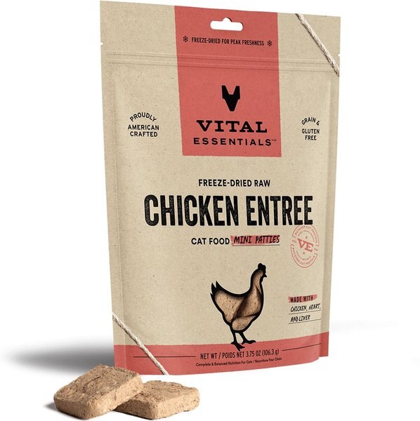 Vital Essentials Chicken Entree Cat Food Mini Patties Grain-Free Freeze-Dried Raw Cat Food， 3.75-oz bag