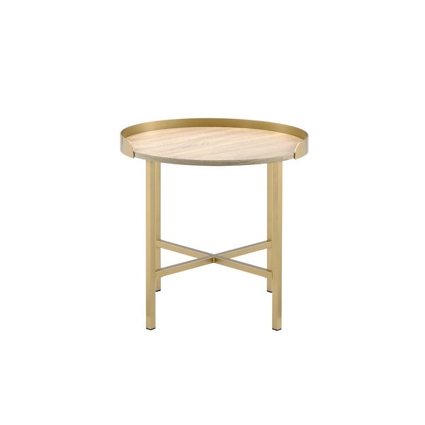 Modern Style Mithea End Table， Oak Table Top and Gold Finish