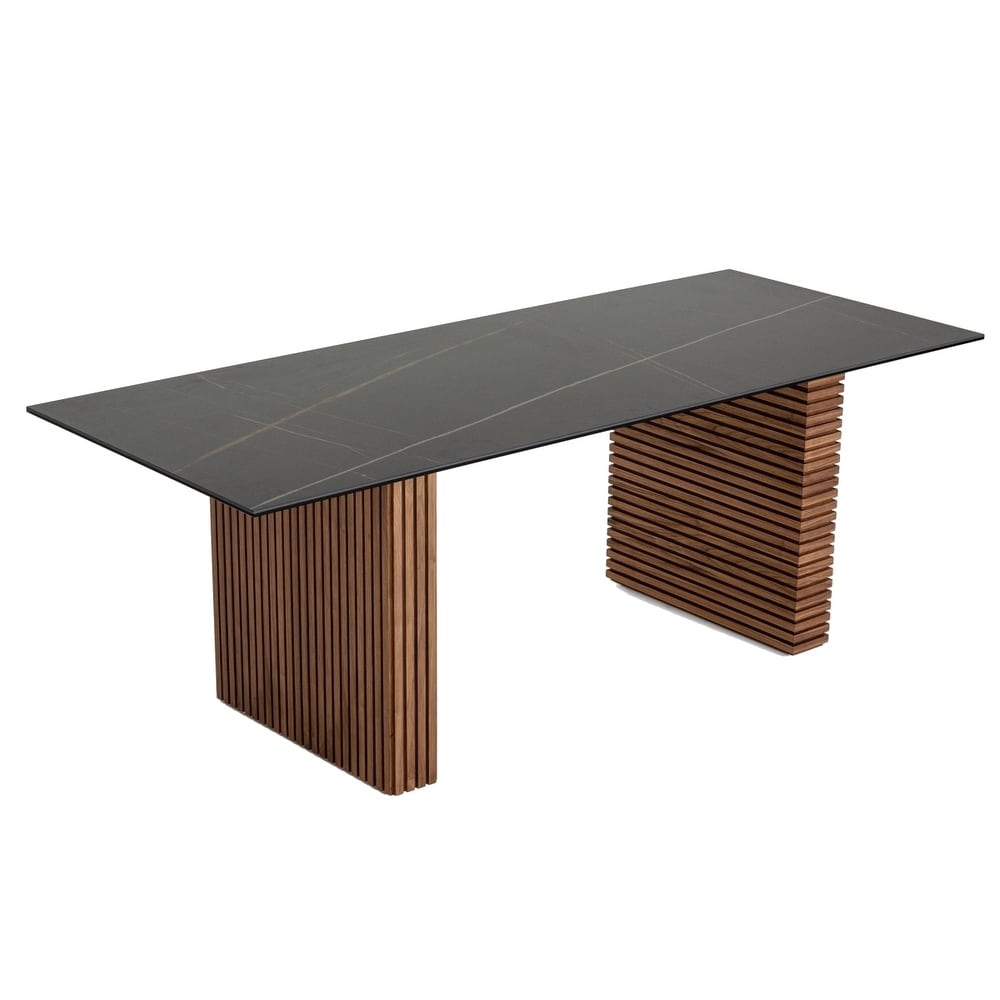 Ceramic Top Dining Table with Double Pedestal Base  Brown and Black