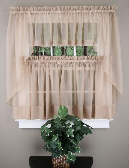 K66 TAN 3-PC Luxurious Sheer Organza Kitchen Rod Pocket Window Curtain Treatment Set, Beautiful Solid Tier Panels with Matching Valance Swag