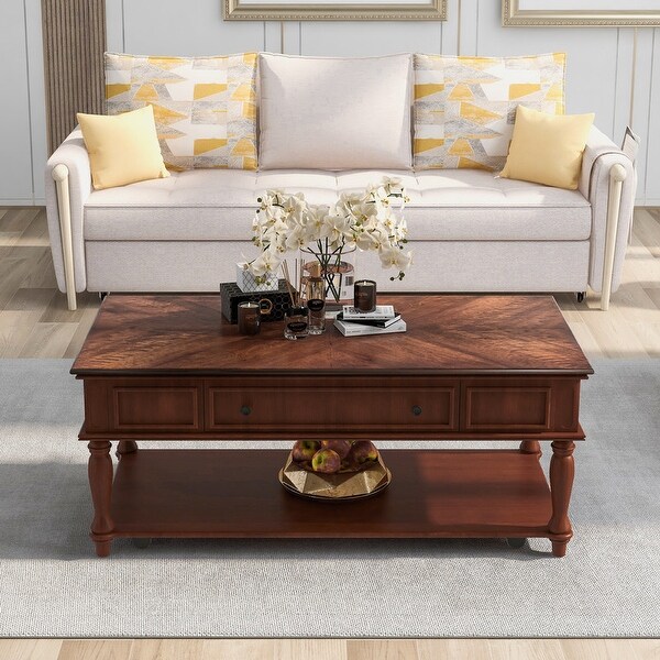 Classic wooden cocktail coffee table with removable vintage center drawers and open shelves