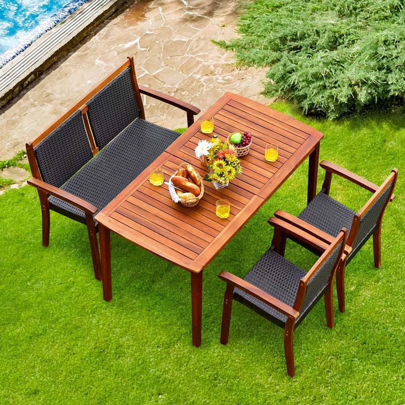 4 Pcs Rattan & Acacia Wood Outdoor Patio Dining Table Set with Loveseat & 2 Armchairs, Umbrella Hole