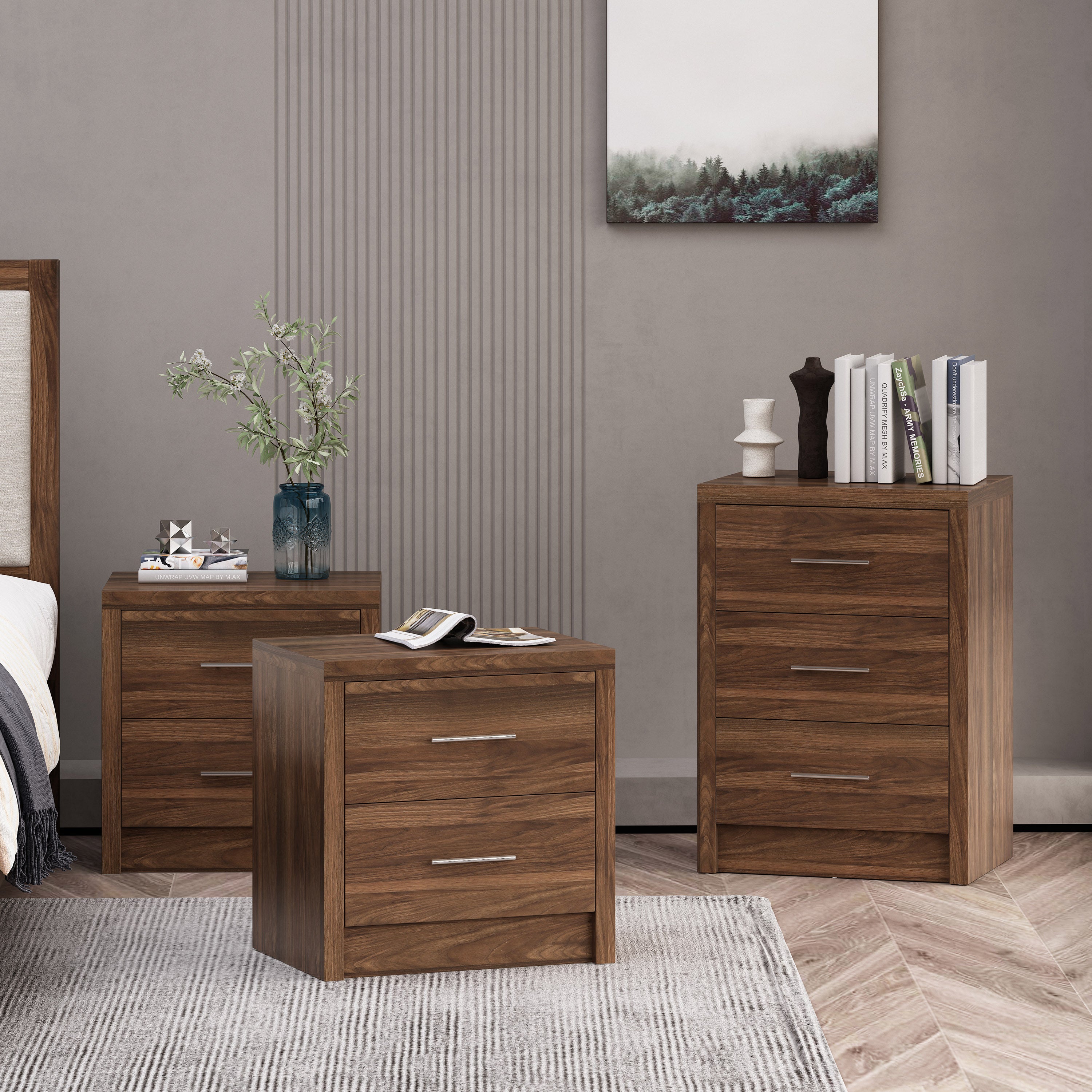 Marlette Modern 3 Piece 3 Drawer Dresser and Nightstand Bedroom Set