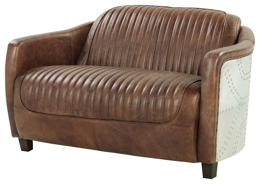 Retro Loveseat  Tufted Grain Leather Seat With Aluminum Exterior Accent  Brown   Industrial   Loveseats   by Decor Love  Houzz