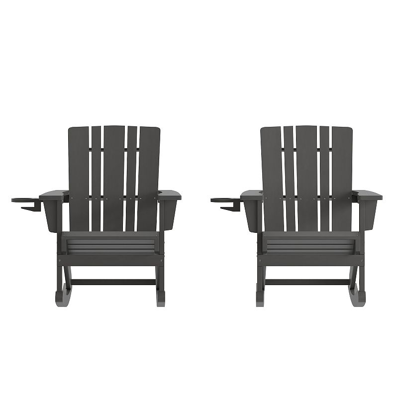 Emma and Oliver Haley Set of 2 Adirondack Rocking Chairs with Cup Holders， Weather Resistant HDPE Adirondack Rocking Chairs