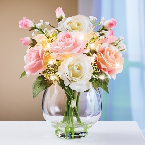 LED Lighted Realistic Artificial Pastel Roses and Glass Vase Centerpiece