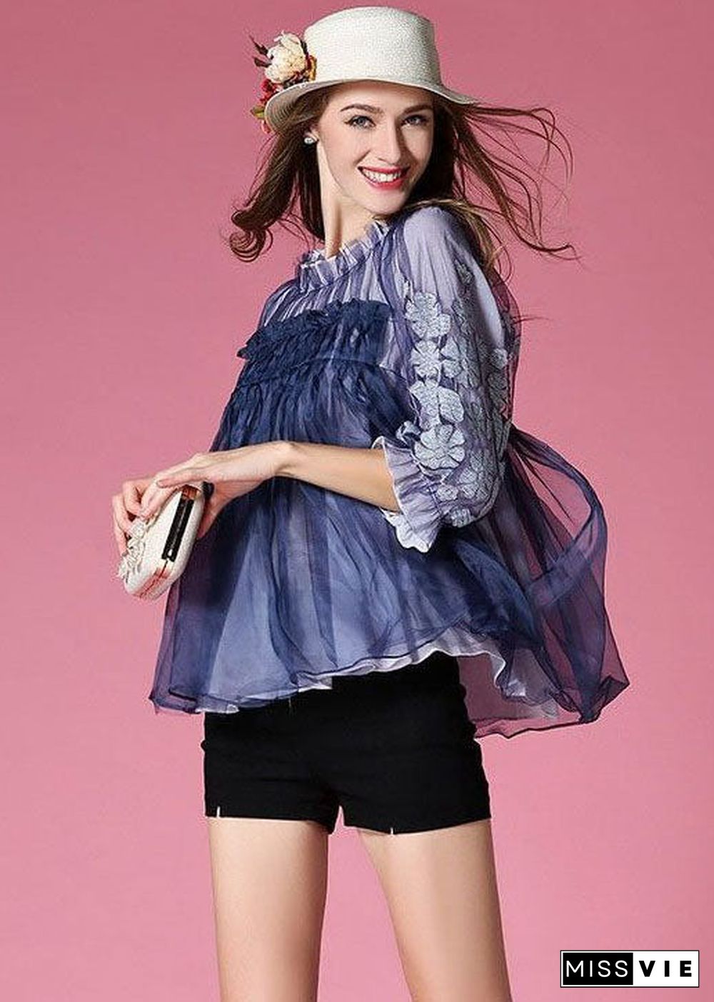 Casual Blue Embroideried Wrinkled Organza Blouses Half Sleeve