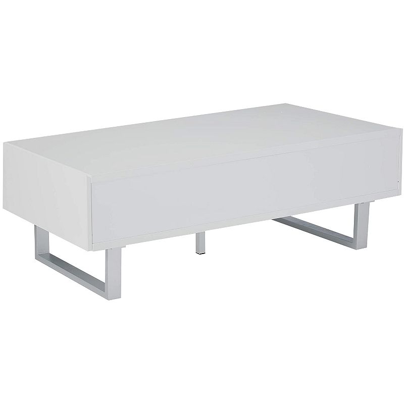 Contemporary Storage Coffee Table With Metallic Base， Glossy White